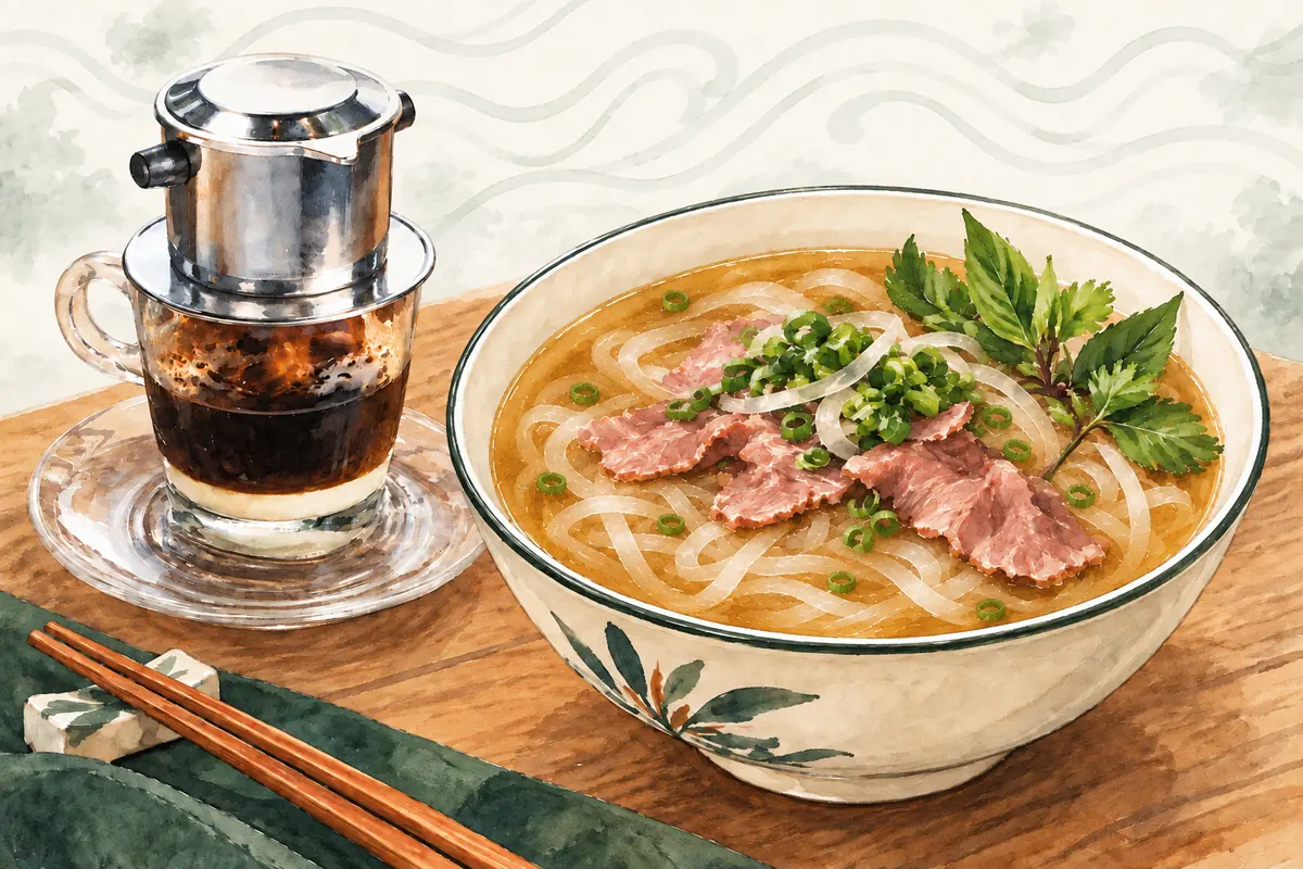 Watercolour illustration of Vietnamese beef phở with fresh herbs beside a condensed-milk phin coffee